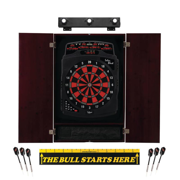 Viper | Solar Blast Electronic Dartboard | Metropolitan Mahogany Cabinet | Laser Throw Line Marker | Padded Dart MAt | The Bull Starts Here | Shadow Buster Dartboard Lights