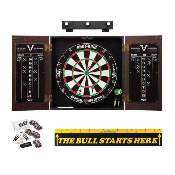Viper | Stadium Cabinet with Shot King Sisal Dartboard | Shadow Buster Dartboard Lights | Padded Dart Mat |The Bull Starts Here | Throw Line Marker | Steel Tip Dart Accessories Kit