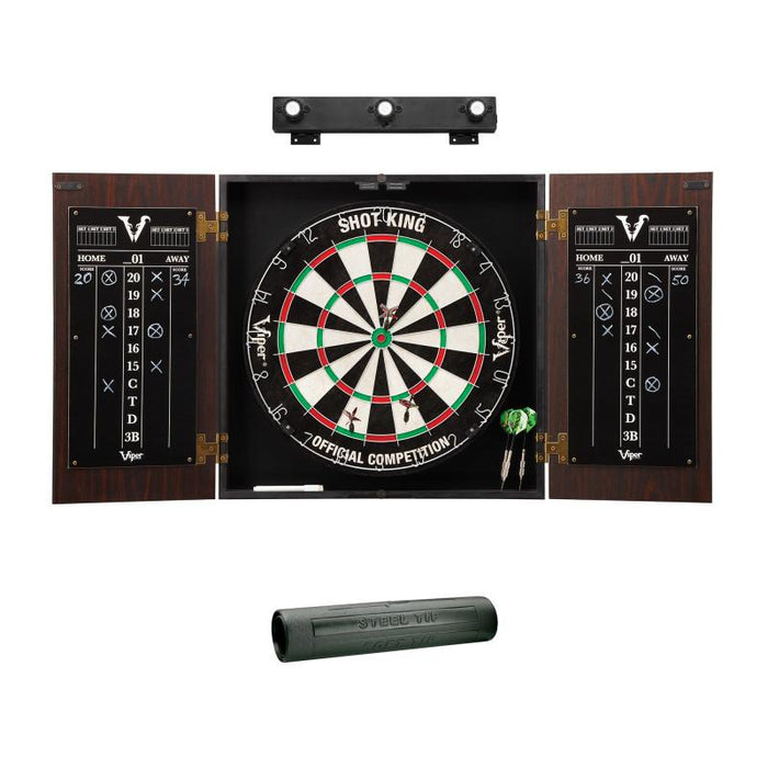 Viper | Stadium Cabinet with Shot King Sisal Dartboard | Shadow Buster Dartboard Lights | Padded Dart Mat |The Bull Starts Here | Throw Line Marker | Steel Tip Dart Accessories Kit