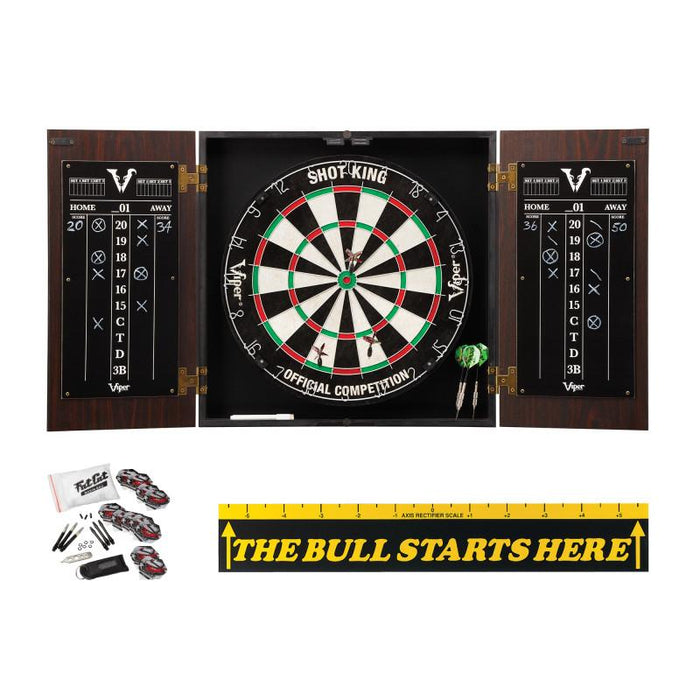 Viper | Stadium Cabinet with Shot King Sisal Dartboard | Shadow Buster Dartboard Lights | Padded Dart Mat |The Bull Starts Here | Throw Line Marker | Steel Tip Dart Accessories Kit