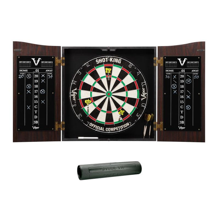 Viper | Vault Cabinet with Shot King Sisal Dartboard | Shadow Buster Dartboard Lights | Steel Tip Dart Accessories Kit | The Bull Starts Here | Throw Line Marker | Padded Dart Mat