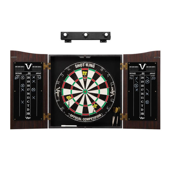 Viper | Vault Cabinet with Shot King Sisal Dartboard | Shadow Buster Dartboard Lights | Steel Tip Dart Accessories Kit | The Bull Starts Here | Throw Line Marker | Padded Dart Mat
