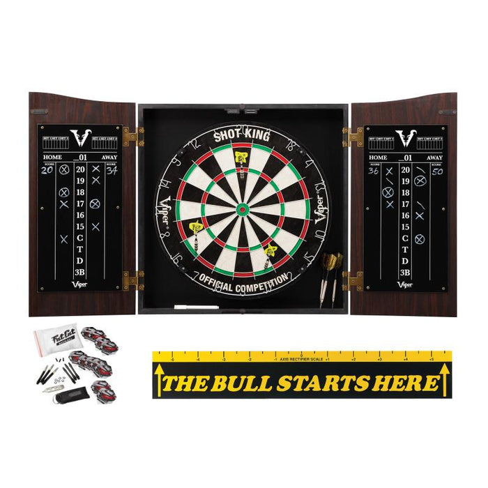 Viper | Vault Cabinet with Shot King Sisal Dartboard | Shadow Buster Dartboard Lights | Steel Tip Dart Accessories Kit | The Bull Starts Here | Throw Line Marker | Padded Dart Mat