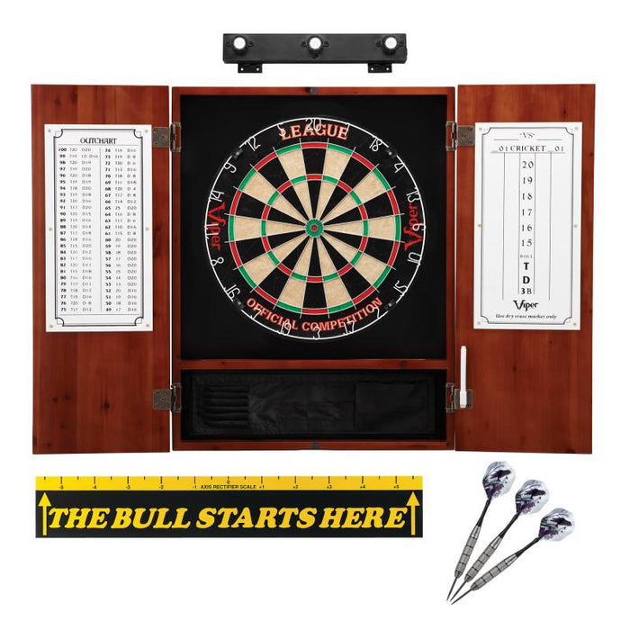 Viper League Sisal Dartboard, Metropolitan Cinnamon Cabinet, Shadow Buster Dartboard Lights & "The Bull Starts Here" Throw Line Marker Darts Viper 