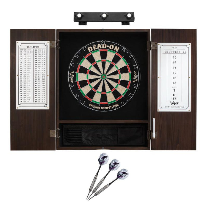 Viper | Dead On Sisal Dartboard | Metropolitan Espresso Cabinet | Shadow Buster Dartboard Lights | Laser Throw Line Marker |  Padded Dart Mat | The Bull Starts Here | Underground The Raven Steel Tip Darts