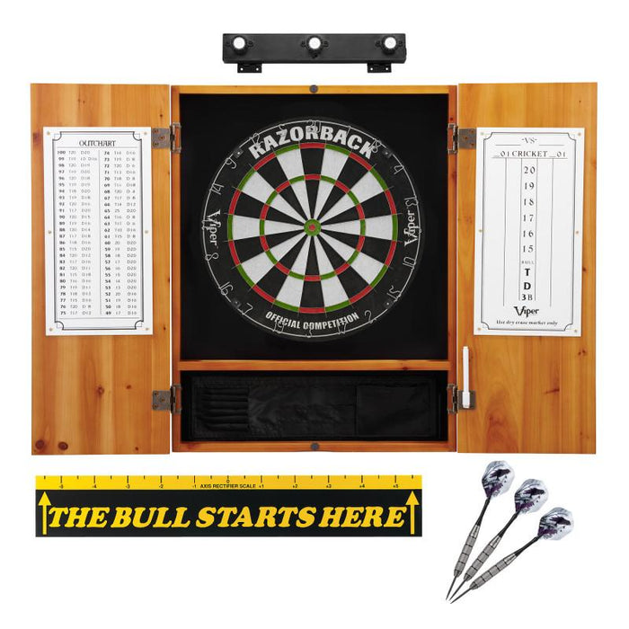 Viper Razorback Sisal Dartboard, Metropolitan Oak Cabinet, Shadow Buster Dartboard Lights & "The Bull Starts Here" Throw Line Marker Darts Viper 