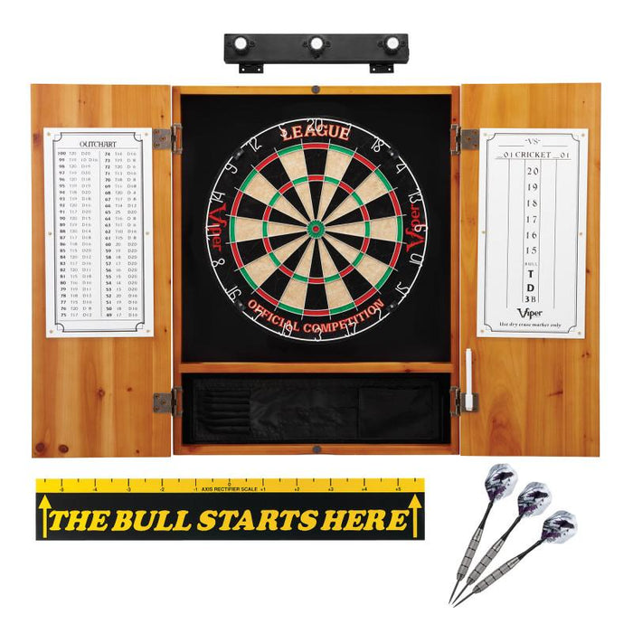 Viper | League Sisal Dartboard | Metropolitan Cinnamon Cabinet | Padded Dart Mat | The Bull Starts Here | Underground The Raven Steel Tip Darts | Shadow Buster Dartboard Lights & Laser Throw Line Marker